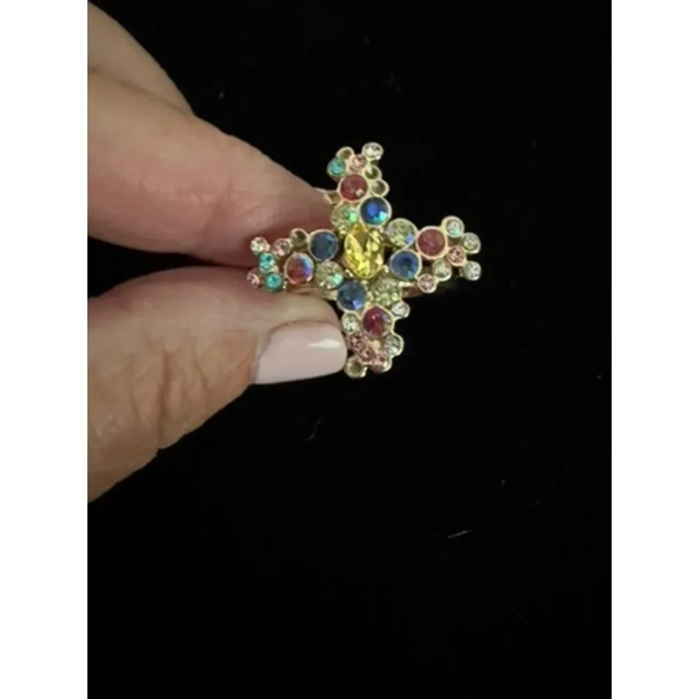 Vintage multi- colored rhinestone gold -tone cross ring